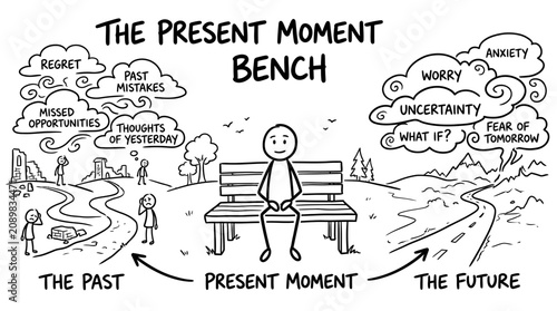 Cuadro en lienzo A person sits on a Hand Drawn bench contemplating The Present Moment