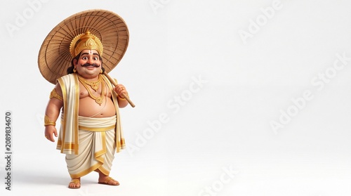 3D illustration of King Mahabali, the mythical Kerala ruler, wearing royal attire and holding a palm leaf umbrella, isolated on a white background with copy space for Onam festival designs.