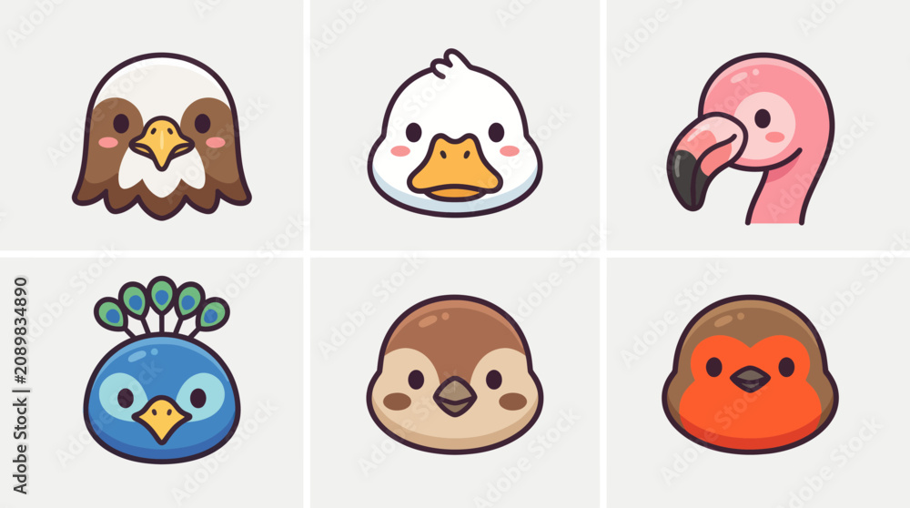 Obraz premium Cute cartoon bird faces collection