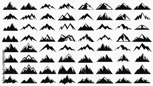 Tableau sur toile Collection of forty black mountain silhouettes on a white background displaying