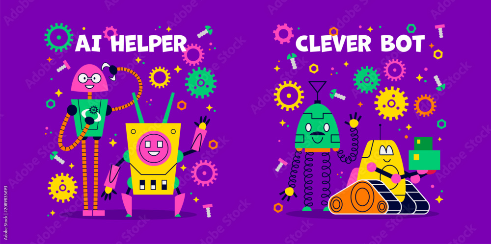 Fototapeta premium Funny kids t shirt prints ai helper and clever bot with funny robots, surrounded by gears, bolts and springs. Stickers for kids apparel, tshirt emblems with fun technology cyborg machine characters