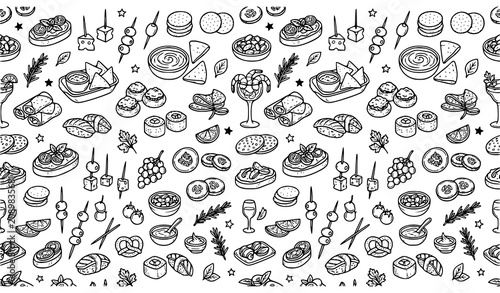 Foto Seamless Hand Drawn Appetizer Doodle Pattern Vector for Restaurant Menus and Foo
