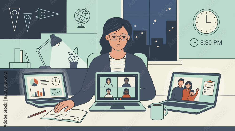 Obraz premium Woman working late at home on multiple laptops, video calls, work-life balance