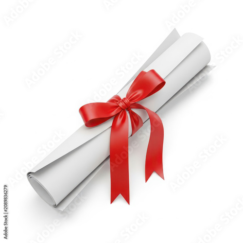 Rolled diploma paper scroll tied with a red ribbon