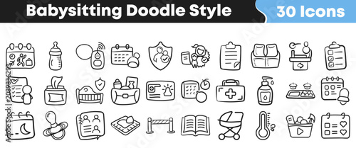 Schilderij op canvas Set of thirty hand drawn doodle style babysitting related icons
