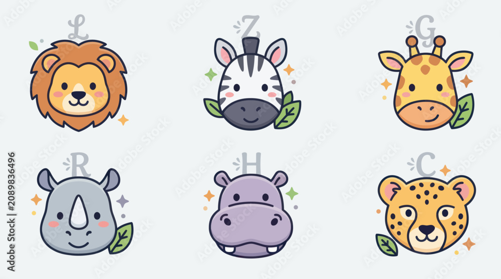 Fototapeta premium Cute cartoon safari animal faces alphabet icons