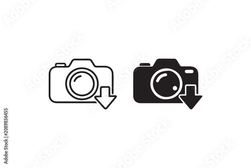 Camera download icon set featuring solid and linear styles for digital device interface.