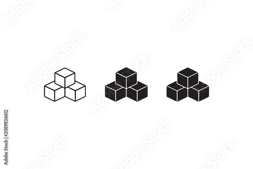 Sugar cubes icon set in outline and solid style representing block shapes and 3d geometry.