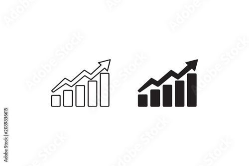 Business growth graph icon set featuring rising bar chart and arrow for success and progress.