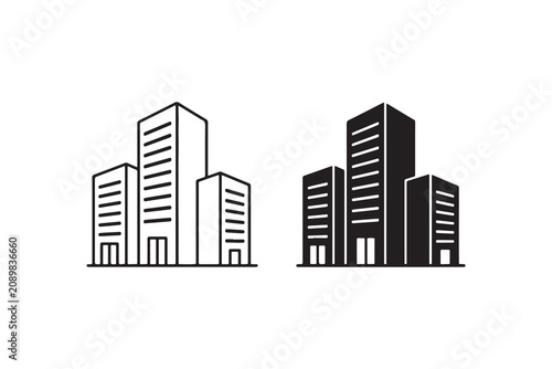 Office building icon set showing skyscraper towers in linear and solid silhouettes for city.