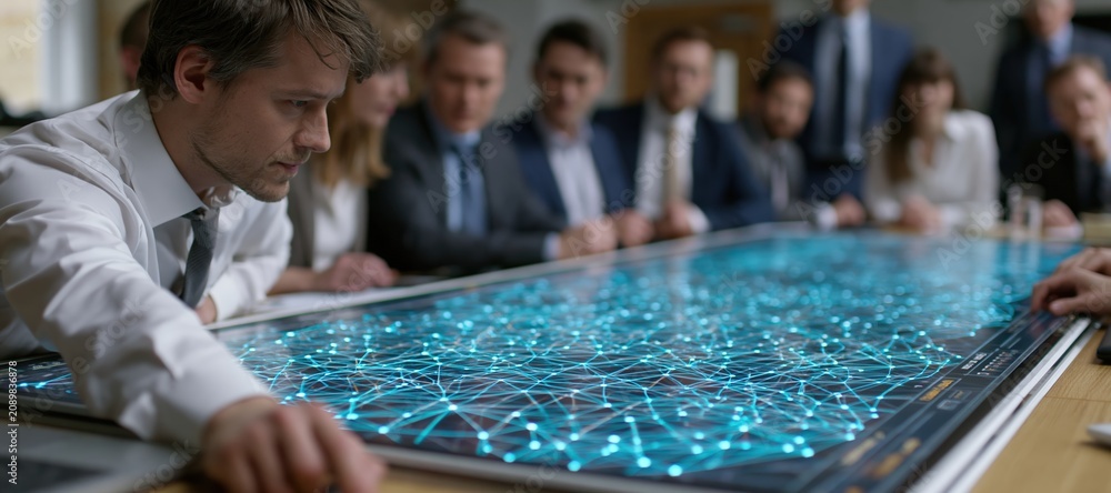 Fototapeta premium Systems team mapping cloud network connections on interactive digital table in office
