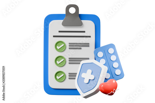 3d medical checklist icon. health insurance concept. cartoon style for healthcare ads. care form isolated on white transparent background. 3d render.