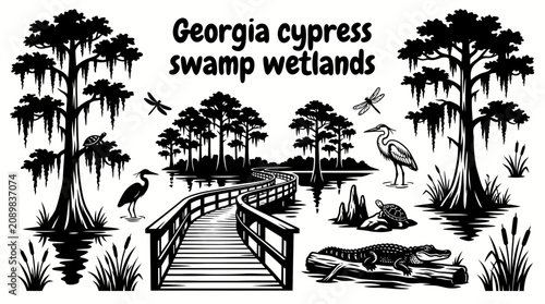 peaceful cypress swamp in georgia with moss covered trees wooden boardwalk calm waterways marsh grasses and rich wildlife habitat creating a beautiful southern wetland ecosystem for commercial vector