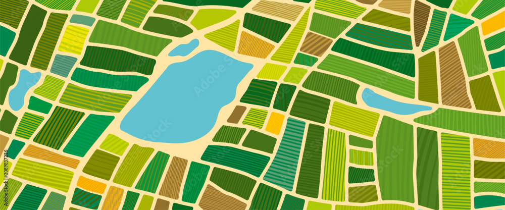 Obraz premium Farm field top view, green agriculture plantation background. Abstract aerial view of agricultural patchwork map pattern, cultivated land texture, farmland, rice paddy landscape with grass and lake