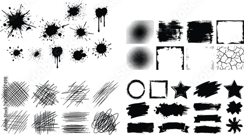 Fotografía Collection of diverse black ink splatters strokes and grunge brush textures on a