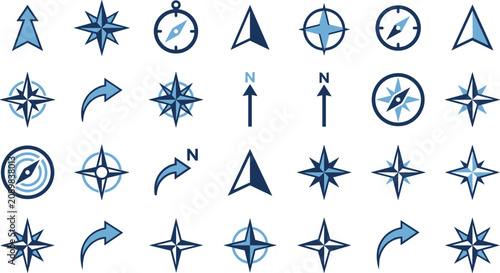 Blue compass rose icon set with north arrow wind rose navigation symbols cartography elements and map pointers collection