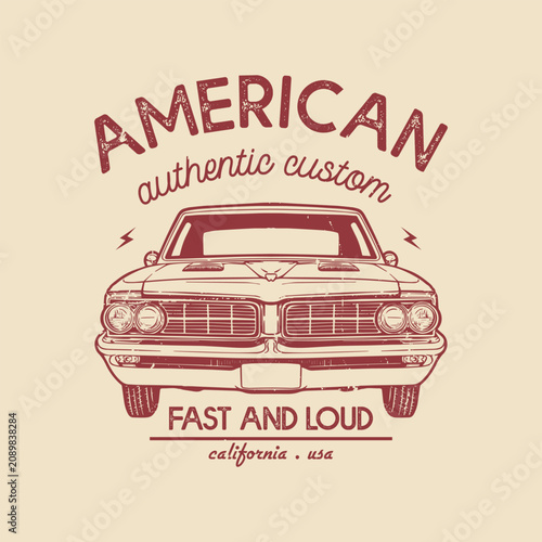 Grunge style American automobile vector emblem for tee shirt design.