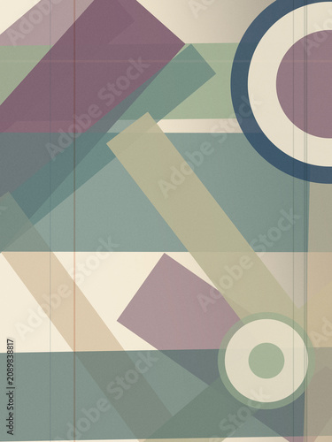 Geometric abstract shapes in muted teal, purple, and beige form a calm mural-style background, ideal for creative layouts, posters, and modern website headers.