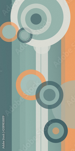 Abstract concentric circles and rings in muted teal, orange, and slate create a modern, calm geometric background for design, branding, and web banners.