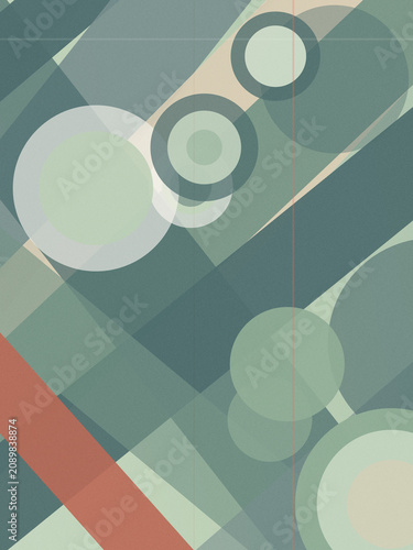 Geometric abstract design with layered circles and diagonal lines in teal, green and coral, offering a modern, calm backdrop for branding and tech layouts.