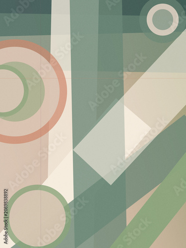 Geometric abstract background with layered green, beige and coral shapes and circular accents, offering a calm modern look for design and branding.