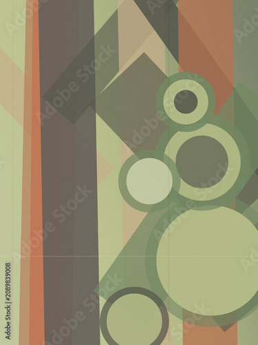 Retro abstract background featuring overlapping geometric shapes in muted green, orange, and gray, creating a calm, vintage mood for design and branding.