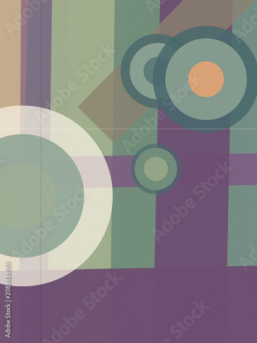Modern abstract geometric design with layered circles and rectangles in purple, teal, and beige, creating a calm creative mood for tech or design backgrounds.