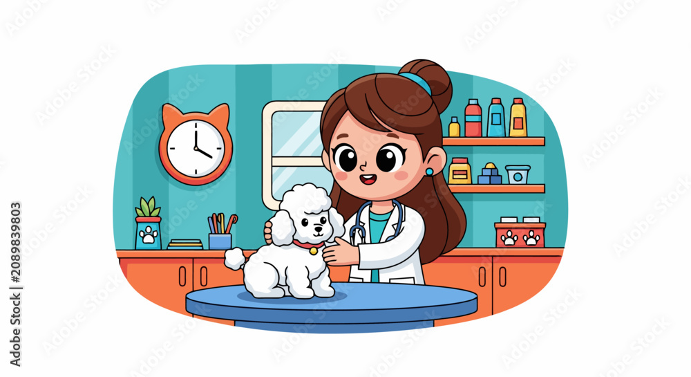 Fototapeta premium Female veterinarian examining a small white poodle dog with care.