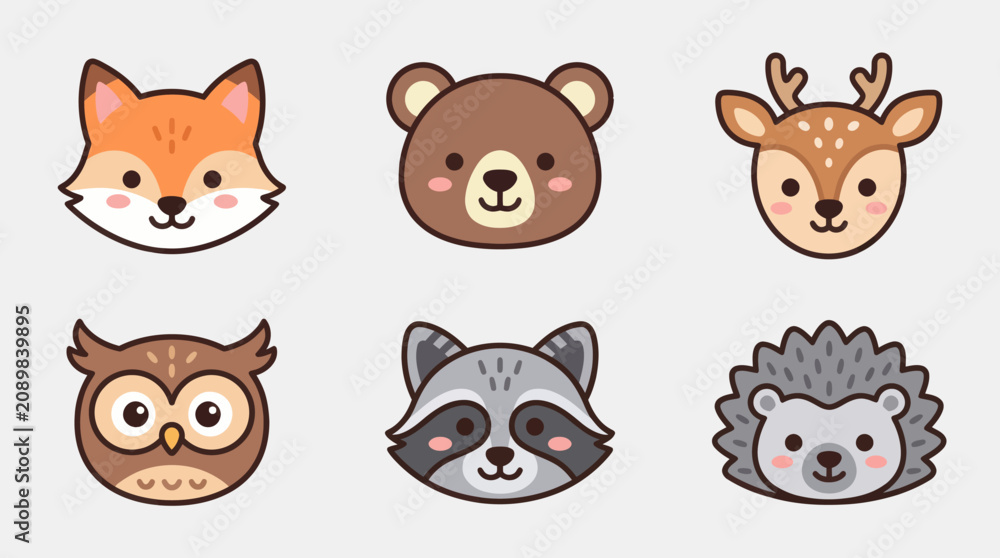Fototapeta premium Cute forest animal faces collection