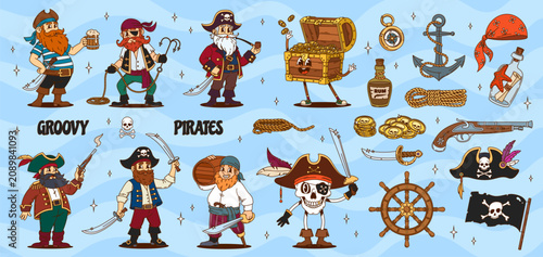 Tableau sur toile Cartoon groovy corsair and pirate characters set