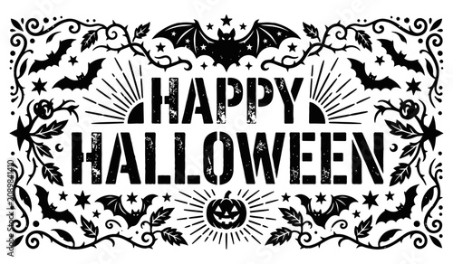 Distressed happy halloween stencil design with thorny vines and spooky bat border.