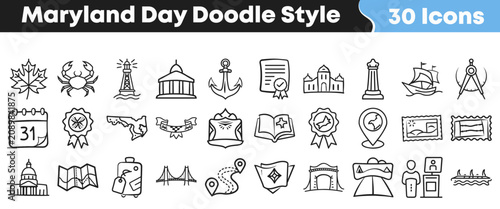 Collection of hand drawn Maryland state themed doodle style icons