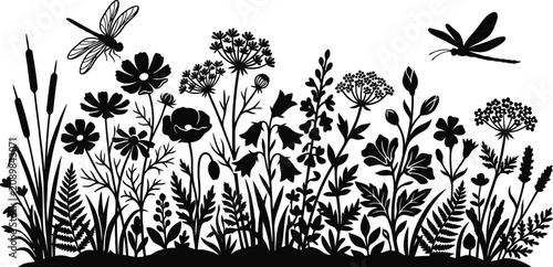 Wildflower Meadow Silhouette With Dragonflies Black Nature Vector Scene