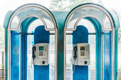 Canvastavla Vintage Blue Telephone Booth with Dual Payphones