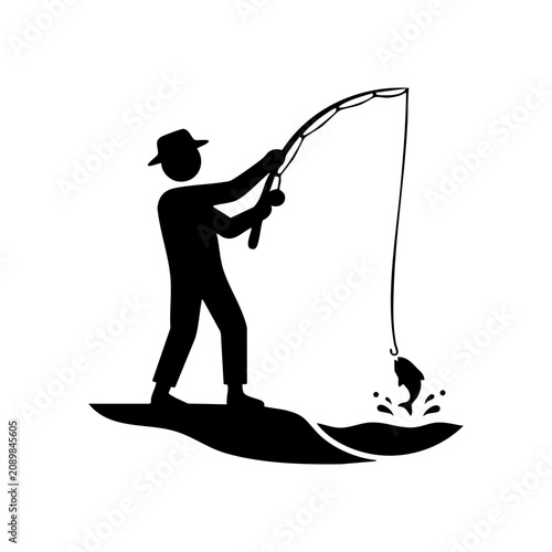 Silhouette of fisherman wearing hat catching fish with rod on water background