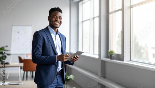 Young black business man smiling using tablet