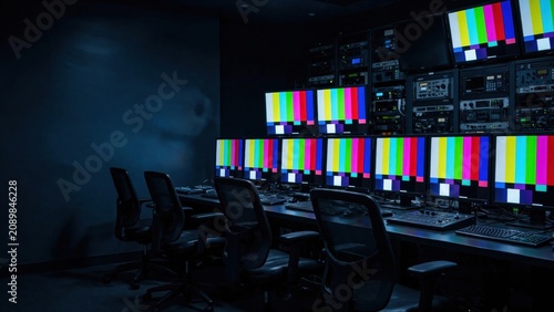Empty broadcast control room with multiple test pattern monitors