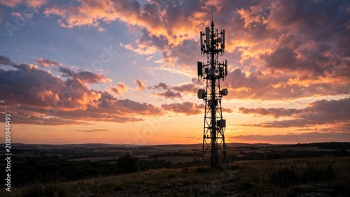 Cell Tower Silhouette at Colorful Sunset Over Rural Landscape