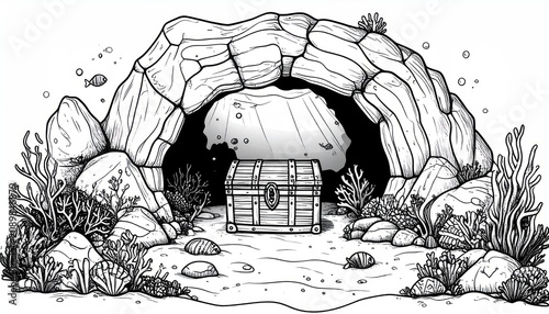 Hidden treasure chest in dark underwater cave coloring page.