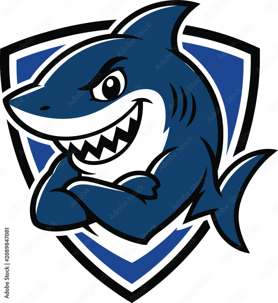 Naklejka premium Shark Head Mascot Logo Vector with Blue Waves, White Teeth, and Bold Outline for Sports and Gaming Branding