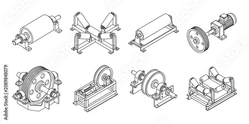 Industrial conveyor belt rollers and drive systems Isometric vector illustrations.