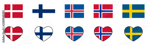 Fotografie Nordic and Scandinavian Countries National Flag and Heart Icon Set from Left to Right Denmark, Finland, Iceland, Norway and Sweden