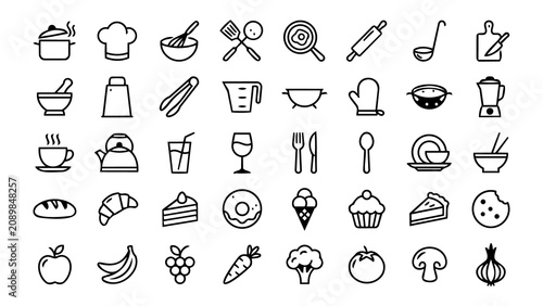 40 Food and Cooking Minimalist Monoline Vector Icons Set, Kitchen Outline Symbols Collection, Restaurant and Culinary Line Art Vector Pack