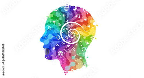 Vibrant colorful brain profile with creative swirling shapes and symbols