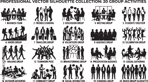 Collection of twenty diverse group activity silhouettes featuring business teams students travelers and social gathering scenes
