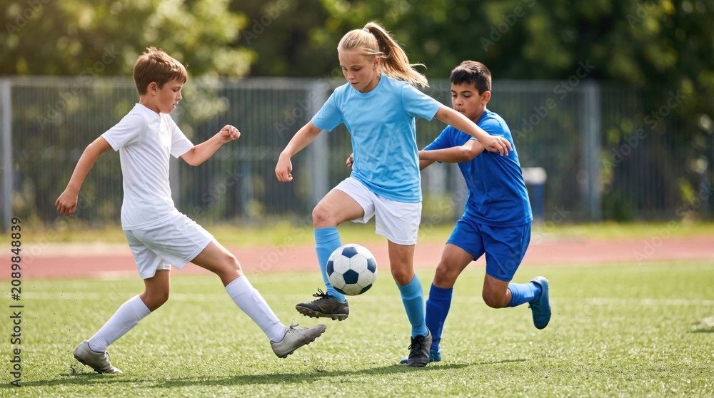 Obraz premium Girl and boys playing soccer on field. Child footballer dribbling ball during match. Young athlete team practicing sports activity. Outdoor competition healthy lifestyle, fitness concept.