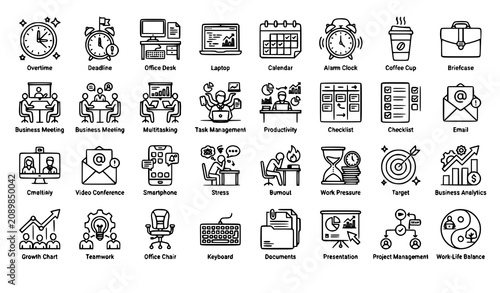 Workaholic Outline Icon Set with Overtime Productivity Deadline Stress Office Work and Business Management Vector Collection