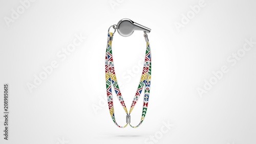 Shiny metallic silver sports whistle attached to a colorful patterned fabric lanyard on transparent background