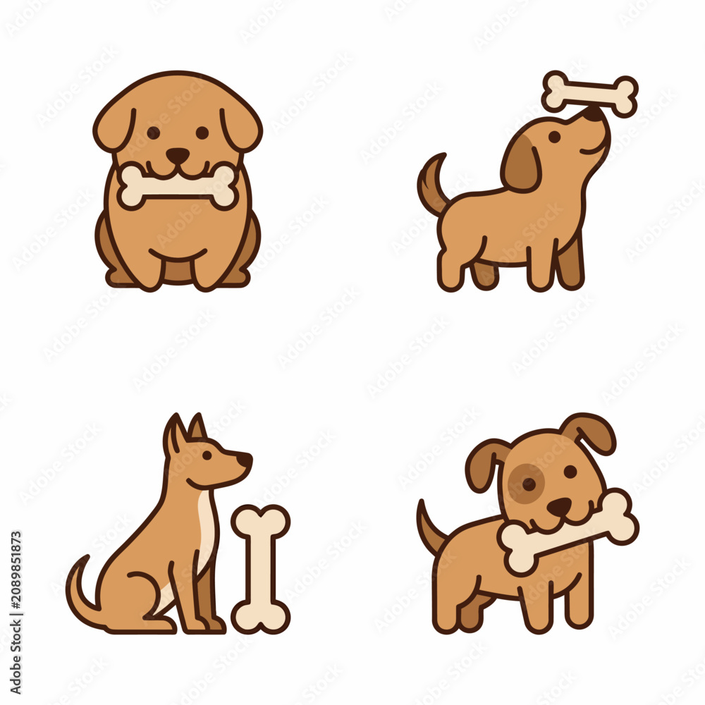 Fototapeta premium Cute Dog Icons with Bones, Set of Four Poses, Cartoon Style