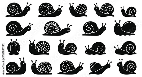 Tableau sur toile Black Snail Silhouettes Collection Flat Vector Illustration On White Background